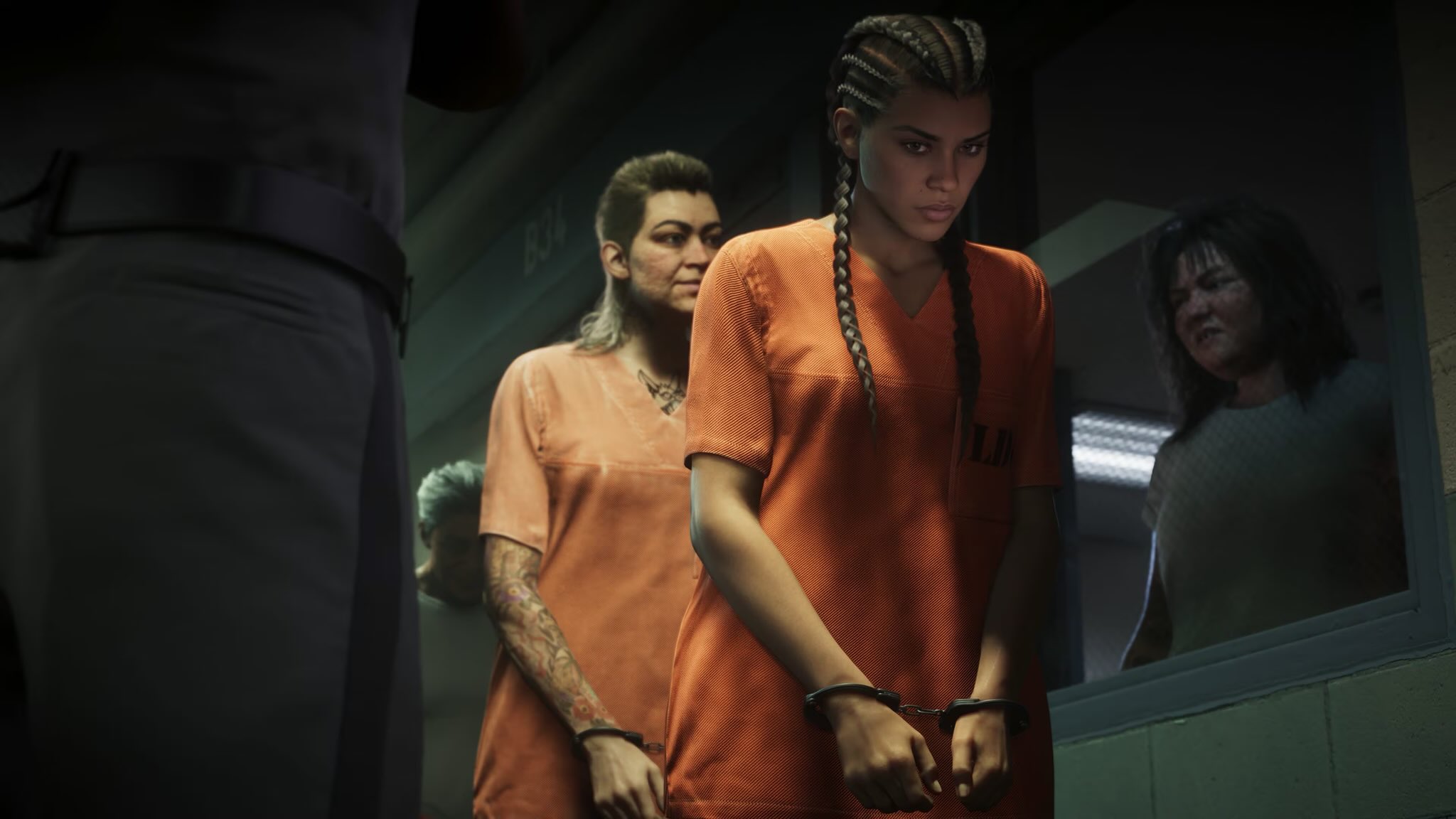 Lucia on red car hood with five wanted stars
